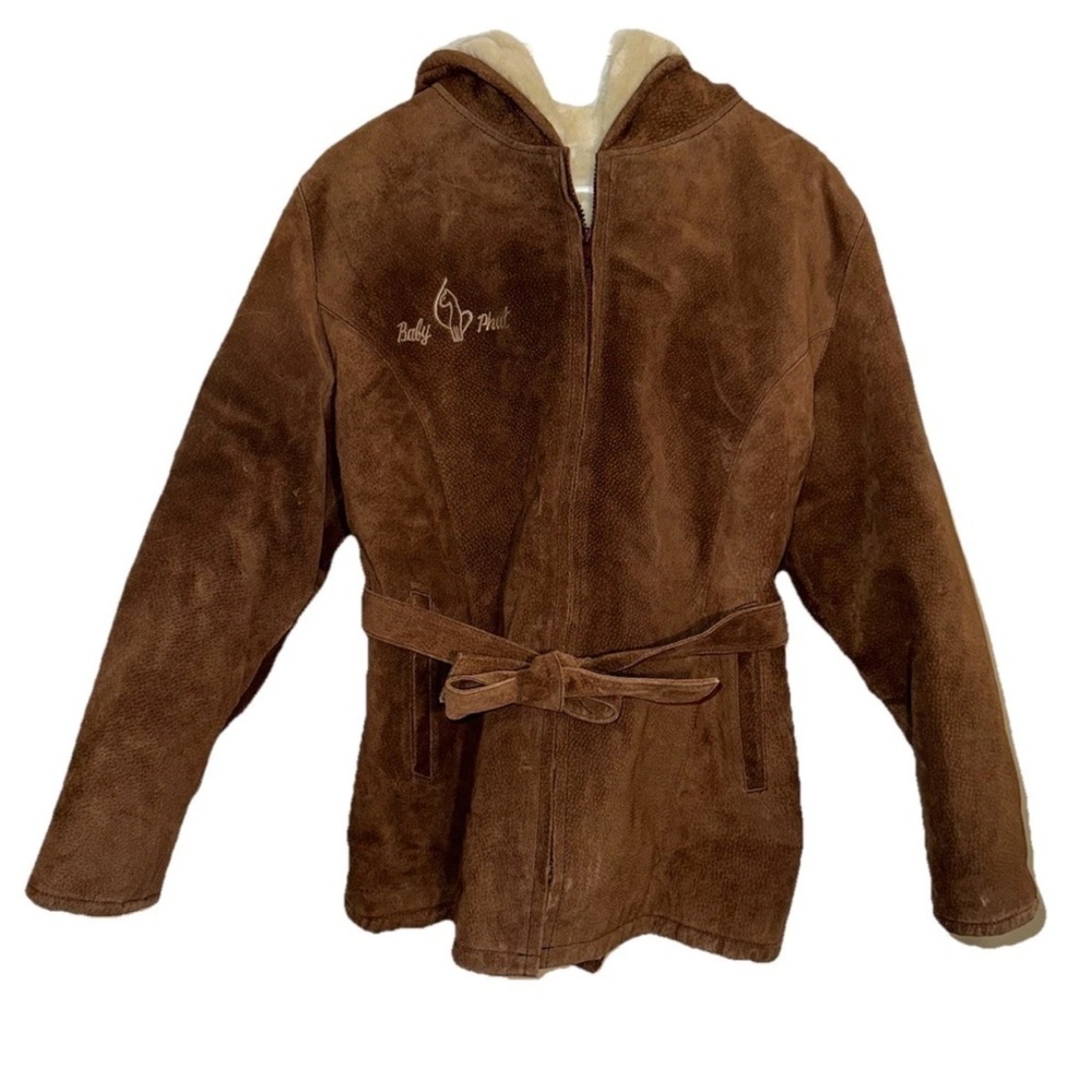 Baby Phat Vintage Suede Leather Hooded Coat Brown Belted Faux Shearling Womens L